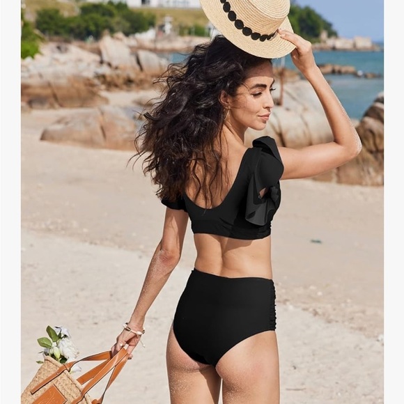 NWT Women Ruffle High Waisted Push Up Bathing suit bikini medium black - Picture 5 of 7